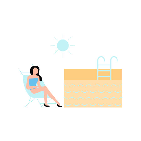 The girl is sunbathing near the pond.のイラスト素材