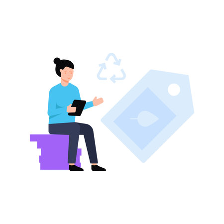 Girl looking at eco label.のイラスト素材