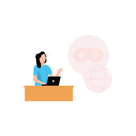 Woman sitting at table and using laptop. Flat style vector illustration.のイラスト素材