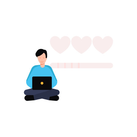 Man sitting with laptop and hearts on the screen. Vector illustration.のイラスト素材