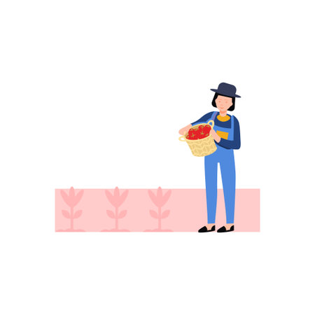 The girl is holding a basket of tomatoes.のイラスト素材