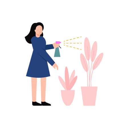 The girl is watering the plants.のイラスト素材