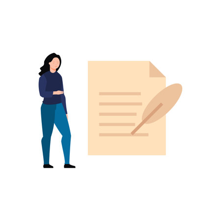 Woman with feather and document. Vector illustration in a flat style.のイラスト素材