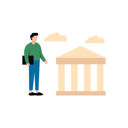Man with laptop and bank building icon. Flat color design. Vector illustration.のイラスト素材