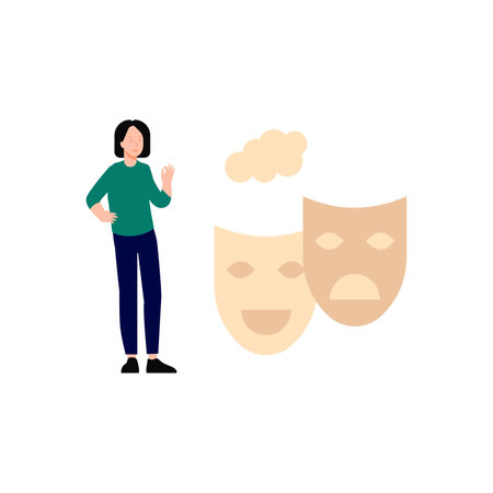 Woman with theater masks. Funny cartoon character. Flat vector illustration.のイラスト素材