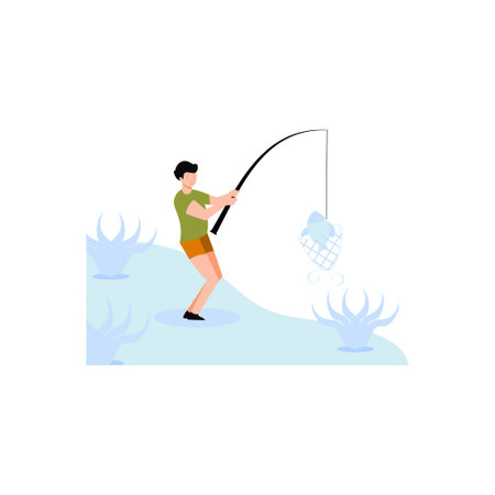 The boy caught the fish in the net.