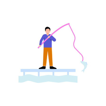 Fisherman with fishing rod on ice. Vector illustration in flat styleのイラスト素材