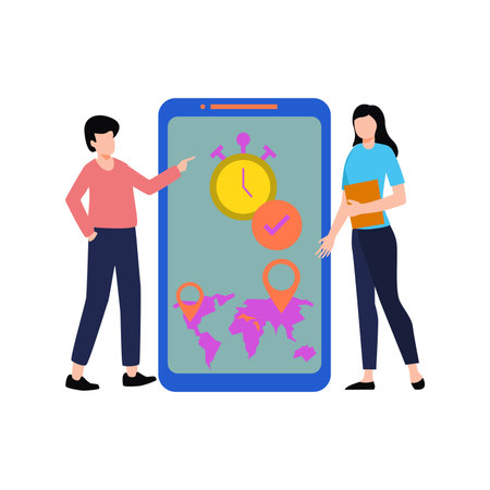 Girls checking location on mobile.のイラスト素材