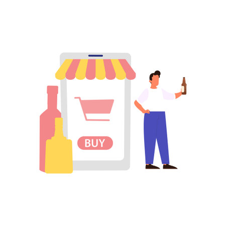 Boy is buying wine online.のイラスト素材