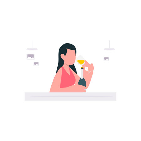Woman with glass of champagne in hand. Flat style vector illustration.のイラスト素材