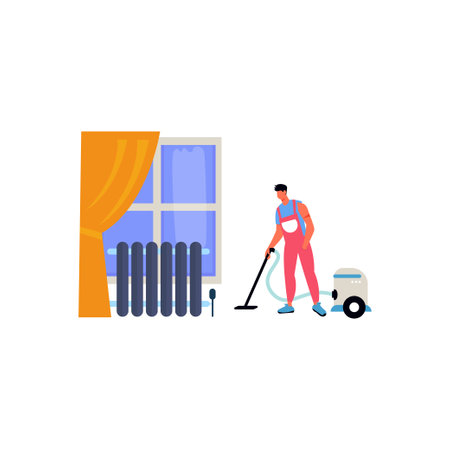 The boy is cleaning the floor with a vacuum cleaner.のイラスト素材