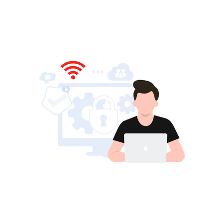 Man working on laptop. Vector illustration in flat style on white background.のイラスト素材