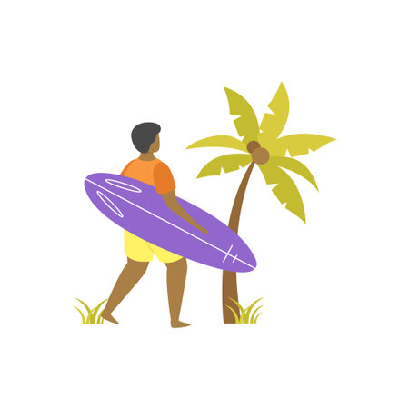 A boy with a surfboard is going surfing.のイラスト素材