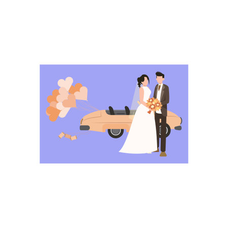 A wedding couple is standing next to the wedding car.のイラスト素材