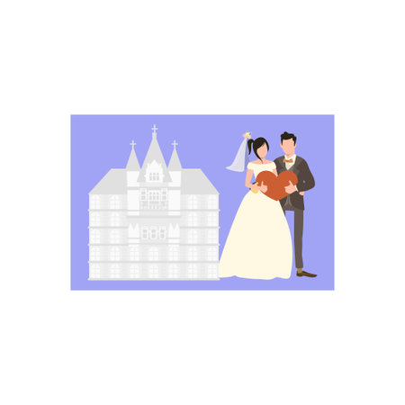 The wedding couple stands outside the church.のイラスト素材