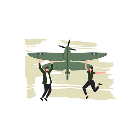 Boy and girl happy to see military aircraft.のイラスト素材