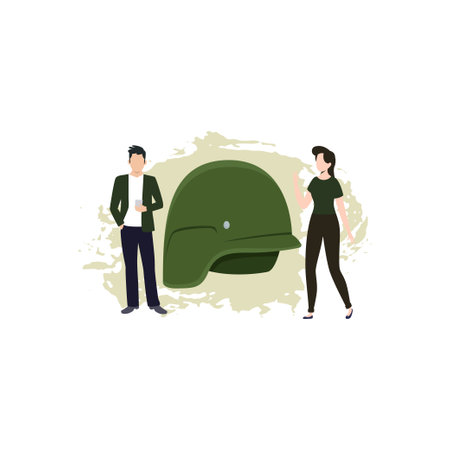 Boy and girl looking at military hat.のイラスト素材