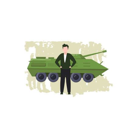 The boy is standing next to the tank.のイラスト素材