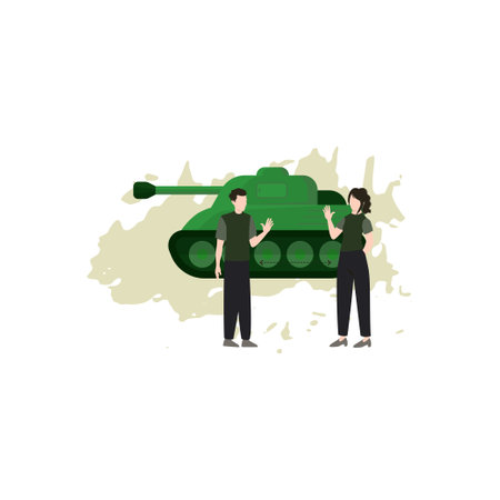 Boy and girl looking at military tank.