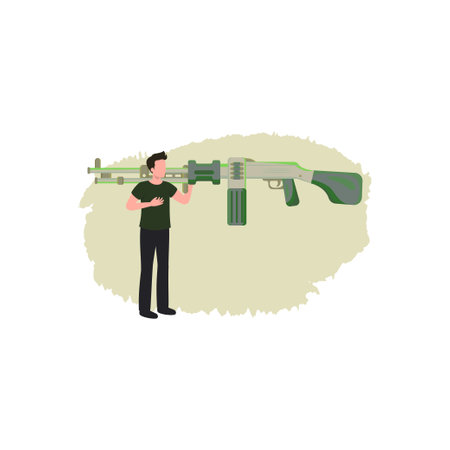 The boy has a gun on his shoulder.