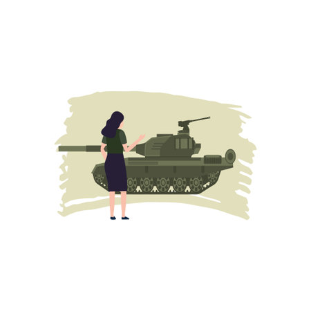 The girl is looking at the military tank.のイラスト素材