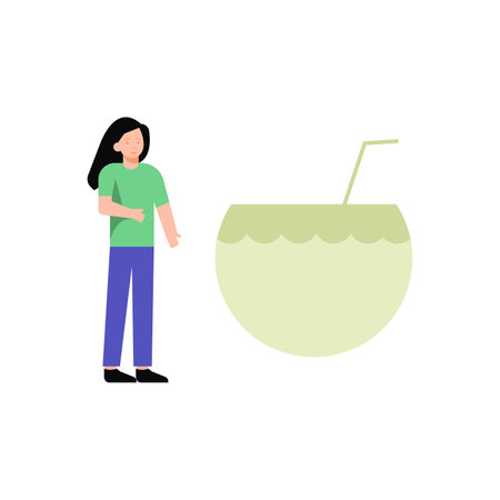 Woman drinking coconut cocktail, flat vector illustration isolated on white background.のイラスト素材