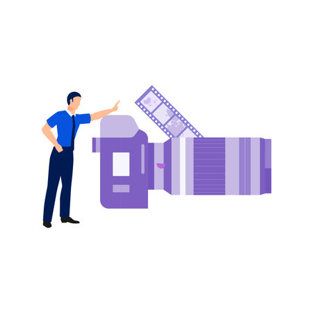 The boy is pointing to the camera reel.のイラスト素材