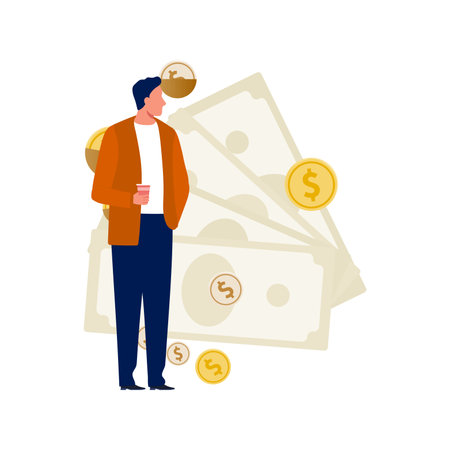 Boy is looking at cash notes.のイラスト素材