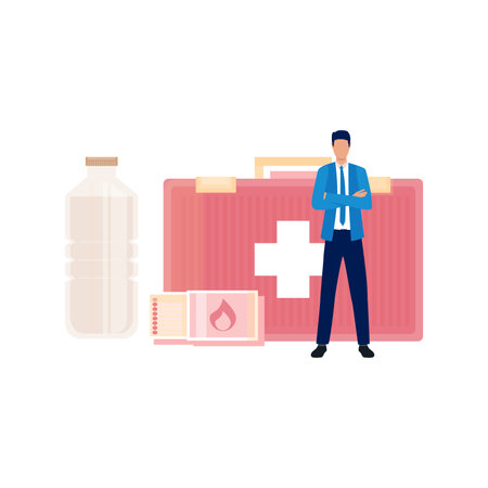 The boy is showing different medicines box.のイラスト素材