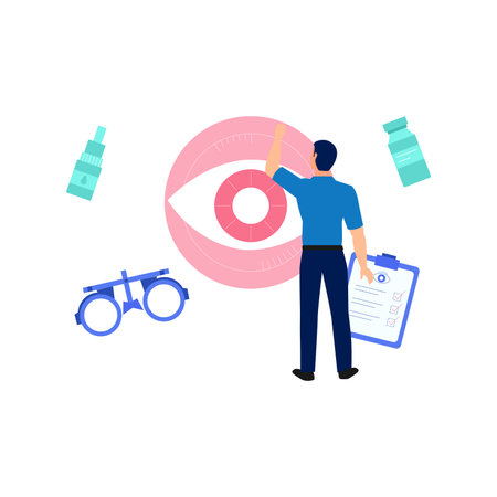 The boy is looking at the eye lens.のイラスト素材