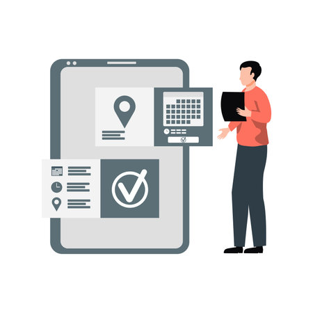 The boy is standing next to the mobile phone.のイラスト素材