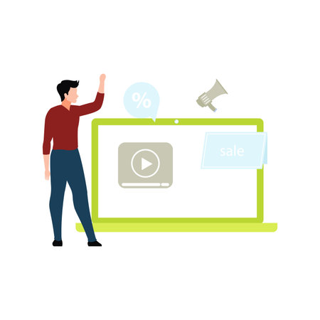 Boy is watching video on laptop.のイラスト素材