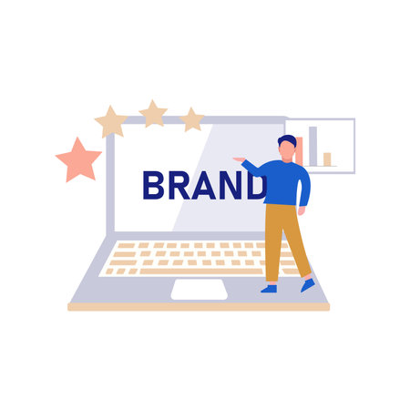 Boy showing star rating for brand on laptop.のイラスト素材