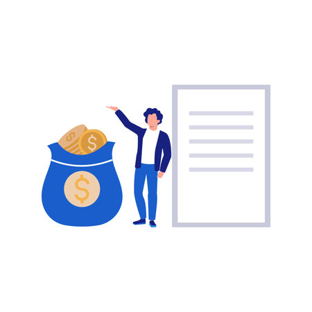 The boy is pointing to the money bag.のイラスト素材