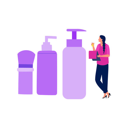 Girl showing different skin care products.のイラスト素材