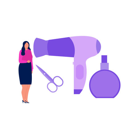 Girl showing hair blow dryer.のイラスト素材