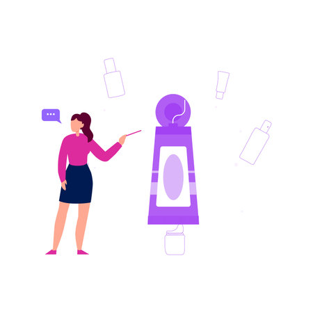 The girl is pointing at the cosmetics.のイラスト素材