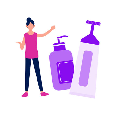 Girl is pointing at skincare bottle.のイラスト素材