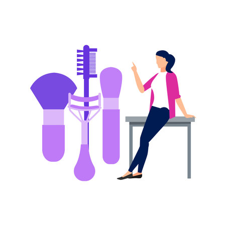 Girl pointing to different beauty brushes.のイラスト素材