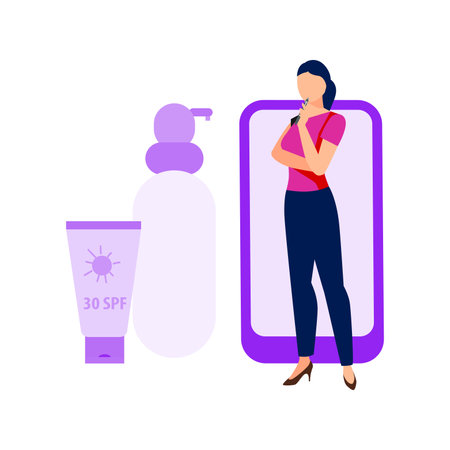A girl is thinking about buying skin care products.のイラスト素材
