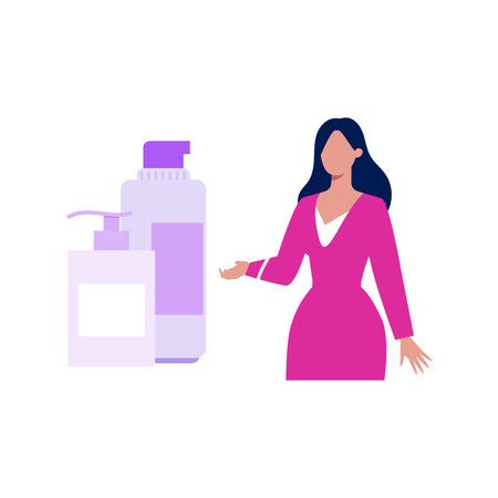 The girl is showing a bottle of lotion.のイラスト素材
