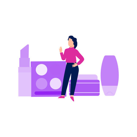 Girl standing in front of eye shadow products.のイラスト素材