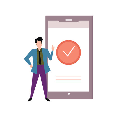 Boy is pointing to done folder on mobile.のイラスト素材