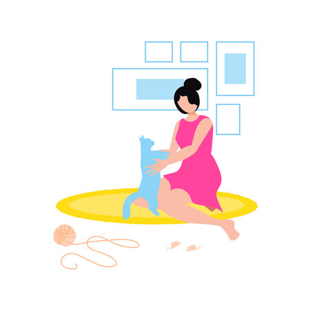 A girl is playing with her cat.のイラスト素材
