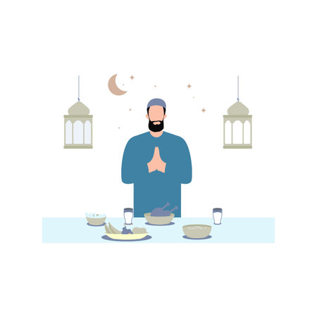 The boy is praying before eating.のイラスト素材