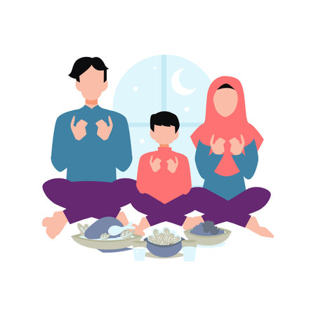 Family praying before breaking the fast.のイラスト素材