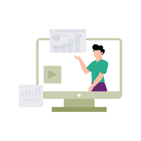 A boy is telling online about a business graph.のイラスト素材