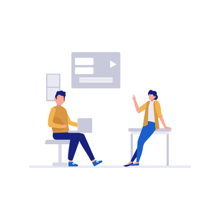 A boy is working on video player on laptop.のイラスト素材