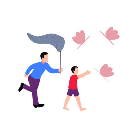 A boy and a child are catching butterflies with a net.のイラスト素材