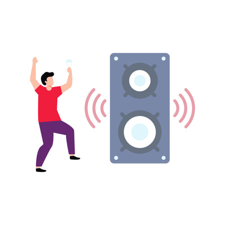 Boy is dancing to music on woofers.のイラスト素材